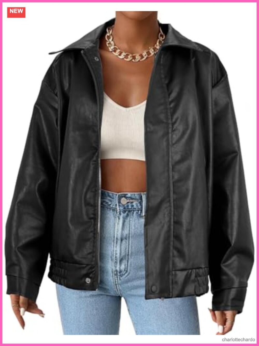 Faux Leather Oversized Moto Biker Jacket Zip Up Bomber Coat